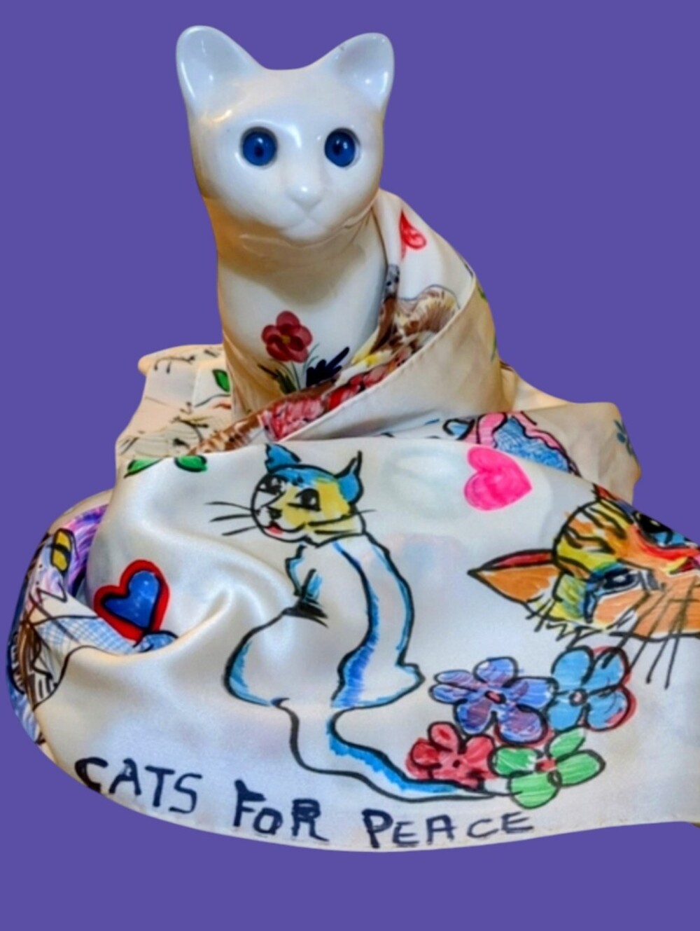 Handpainted Signed Satin/Silk Scarf: CATS FOR PEACE Spring, Resort Wear